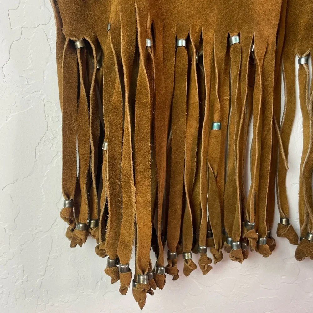 Vintage Suede Handmade Cow Hide Beaded Fringe Tassel Boho Vest / Indian Jacket